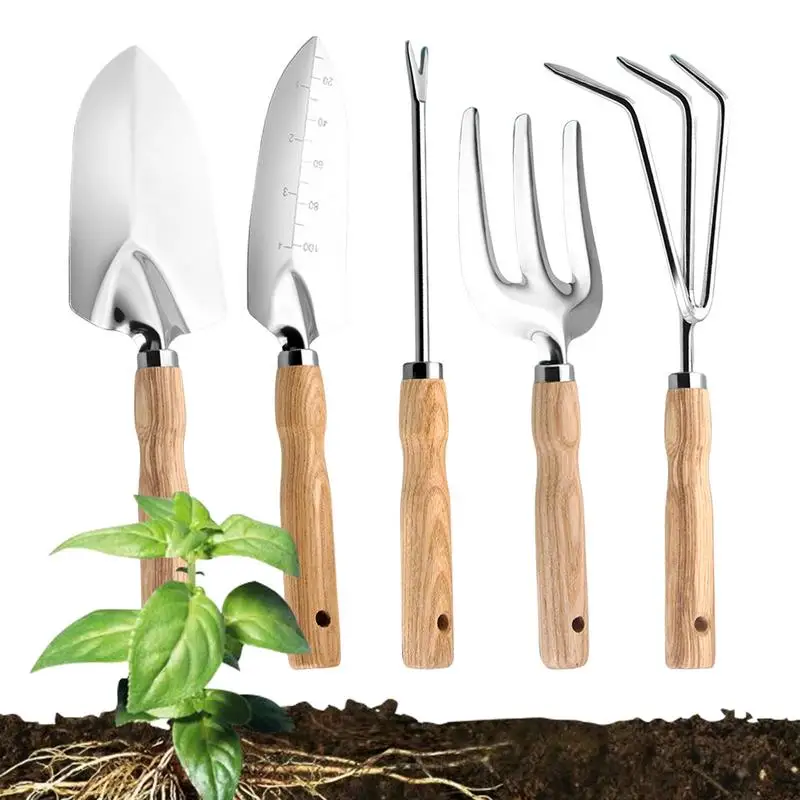 Garden Tool Set Professional Heavy Duty Stainless Steel Garden Hand Tools 5PCS Multi-purpose Rake Shovels Root Picker Fork For