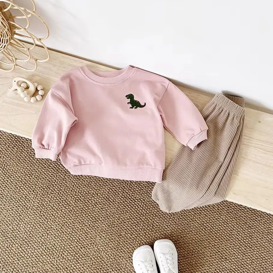 New Spring Baby Dinosaur Embroidery Casual Cute Boys Long Sleeved Sweatshirt+Pants Girls Set Cotton Newborn Clothes 2PCS