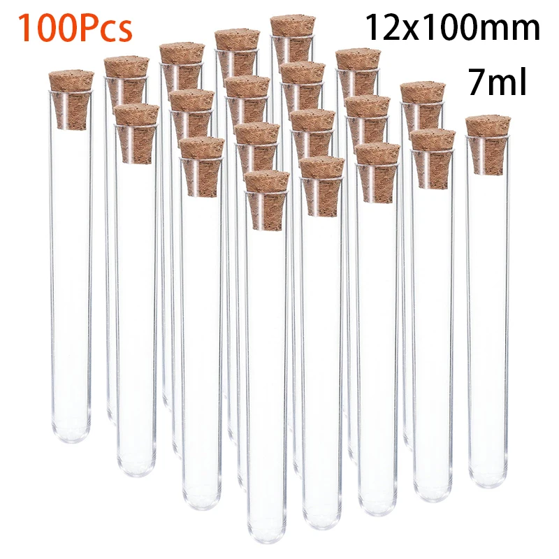 100 шт., 7 мл, прозрачные пластиковые пробирки с деревянными пробками для научных экспериментов, вечеринок, 12x100 мм