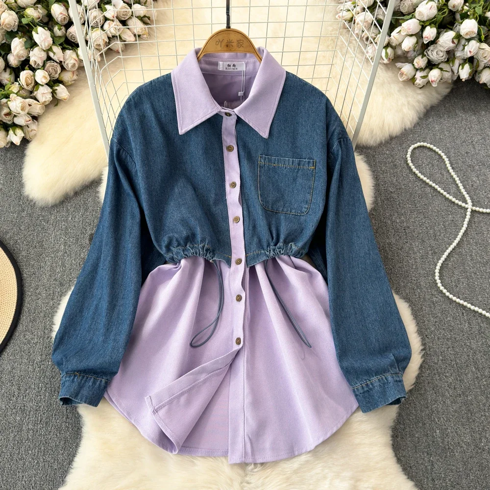 TWOTWINSTYLE Colorblock Spliced Denim Chic Blouse For Women Lapel Long Sleeve Patchwork Single Breasted Shirts Female KBL524897