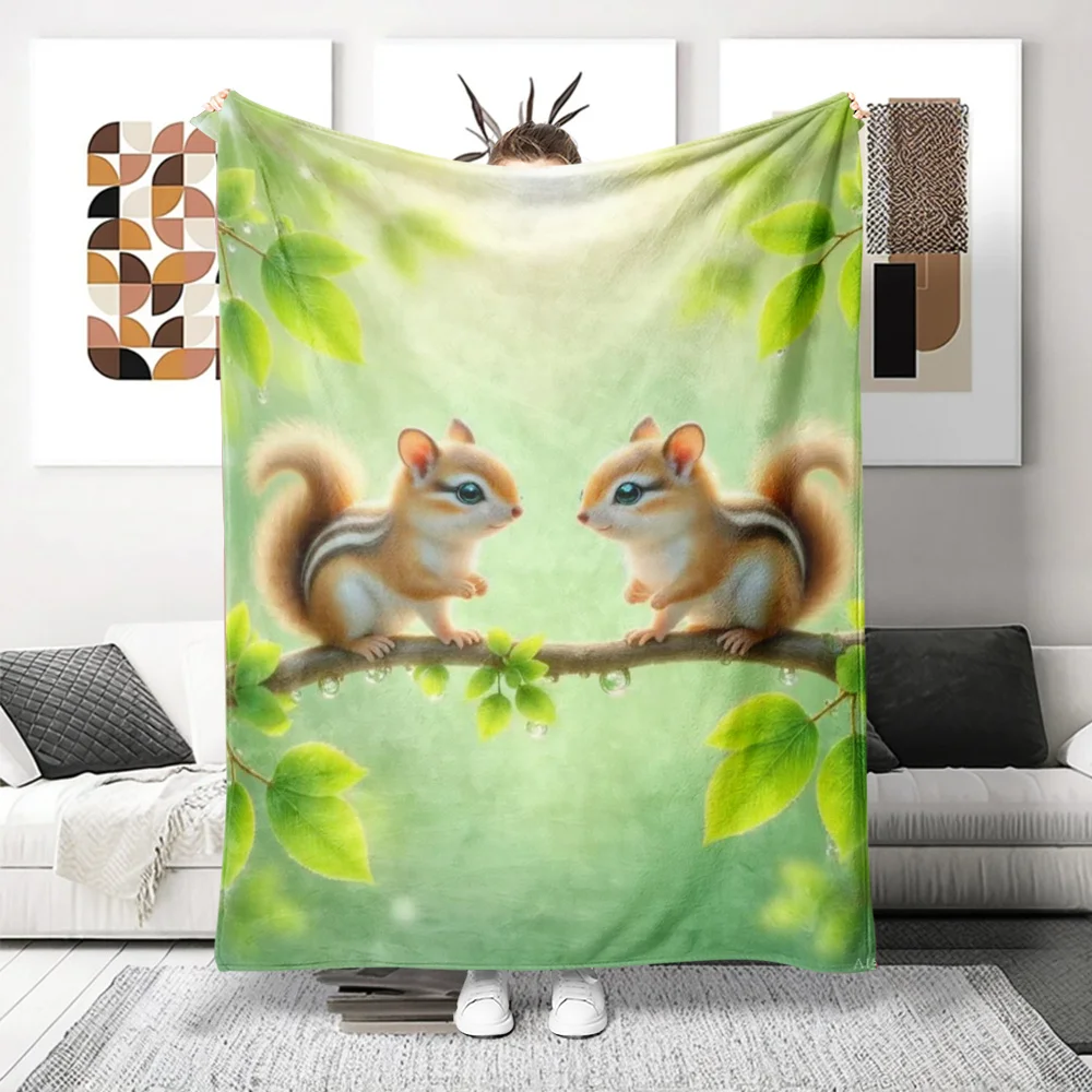 

1pc Cute Chipmunk Flannel Throw Blanket - Soft Cozy Microfiber Plush, Animal Print with Green Leaves & Brown Squirrels