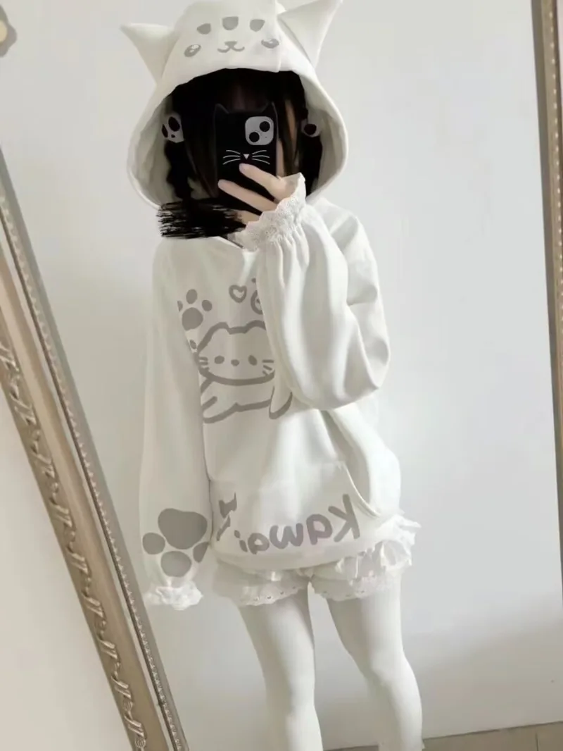 可愛いカワイイ女の子猫耳トップス和菓子Y2Kフーディサブカルチャー長袖スウェットシャツコート女性秋冬服