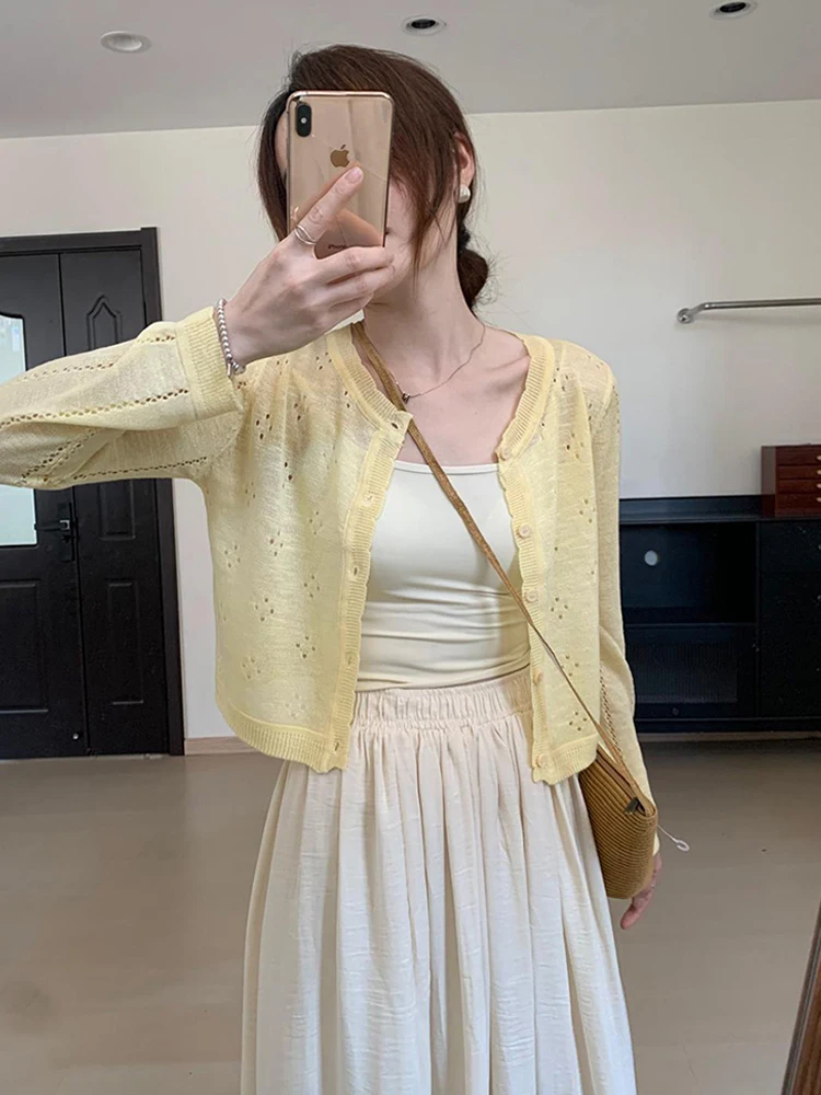 เสื้อคาร์ดิแกนถักแบบโปร่งสไตล์ฝรั่งเศส แขนยาว คอกลม ทรงหลวม แฟชั่นเรียบง่าย สไตล์ลำลอง สำหรับผู้หญิง ใส่แล้วดูผอมเพรียว เหมาะสำหรับฤดูใบไม้ร่วง