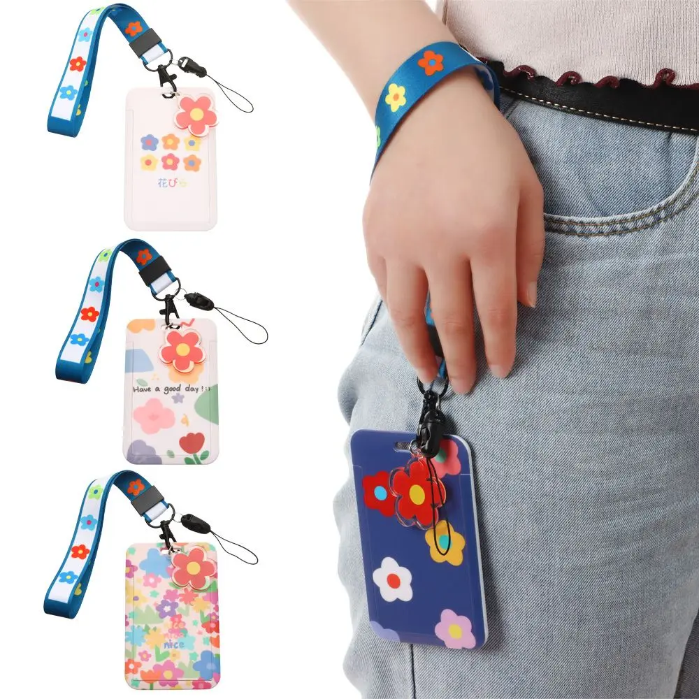 ID Card Cover Card Organizer Bag With Lanyard Sweet Floral Lanyard Card Cover Business Card Holder Credit Card Pack Card Cover