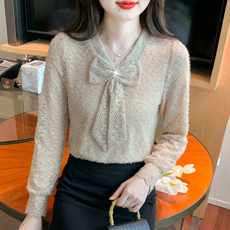 Fashion V-Neck Lace Women Blouse Bow Long Sleeve Blouse Shirt Women Tops Camisas Blusas Camisas De Mujer Blusas Para Mujer M741