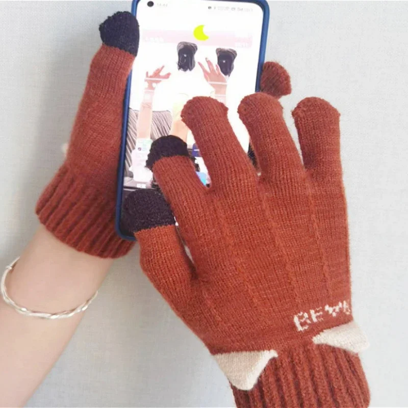 Motorbike Knitted Warm Gloves Women Winter Padded Thickened Coldproof Cute Riding Touch Screen Woolen Gloves