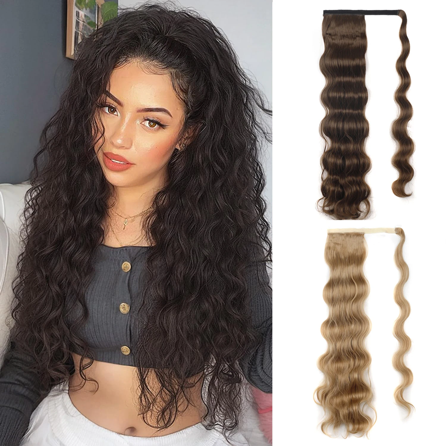 

Jeedou Ponytail Extension Long Body Wavy Hair Wrap-Around Ponytail Hairpiece Messy Bohemian Style Synthetic Hair for Women