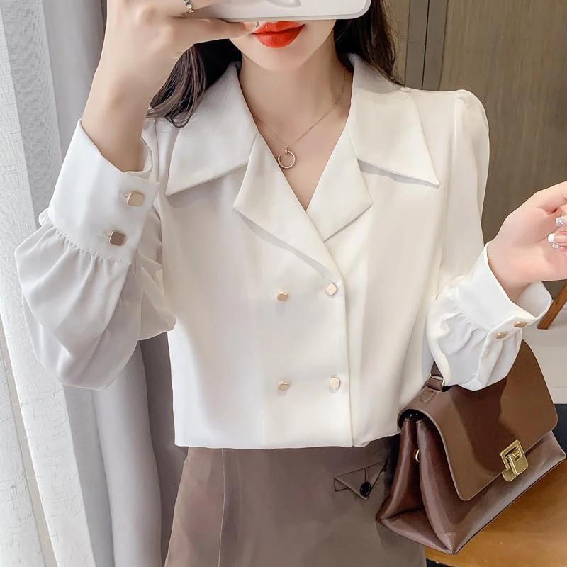 Double Breasted French Turn Down Collar Long-sleeve Solid Top Office Lady Shirt And Blouses Casual Woman Clothing Simple Elegant