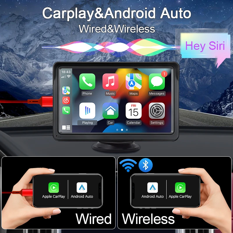 HIPPCRON Car Radio Multimedia Video Player 7 Inch Wireless Carplay Android Auto Portable IPS Touch Screen Bluetooth5.1 TF Card