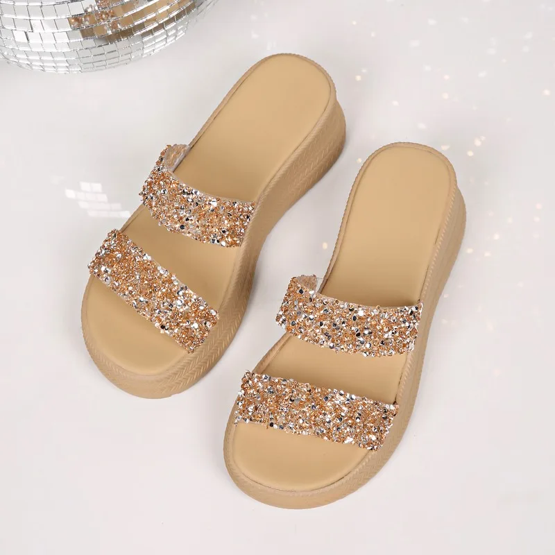 Fashion Outwear Slope Heel Slippers Round Head Open Toe Sequins Thick Bottom One Word Slippers