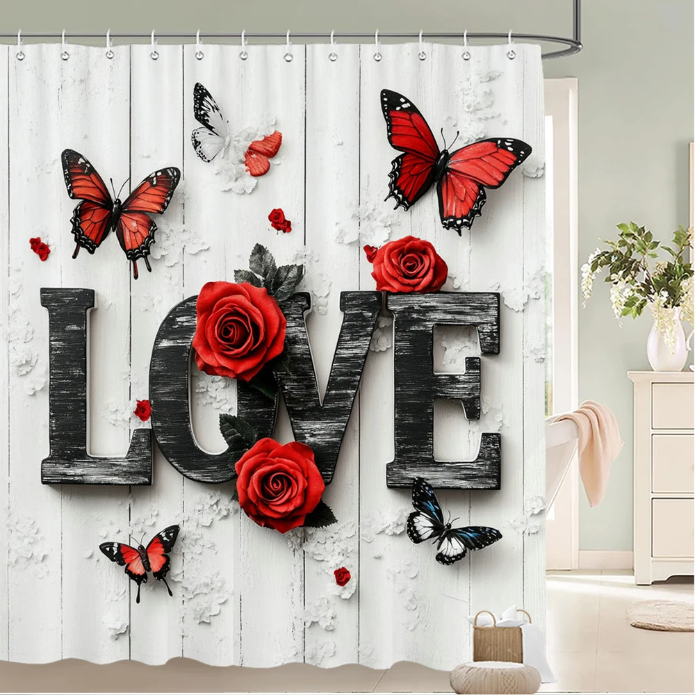 

Watercolor red roses flowers and butterflies Shower Curtain Bath Curtain Printing Bathroom Curtains for Home decoration curtain