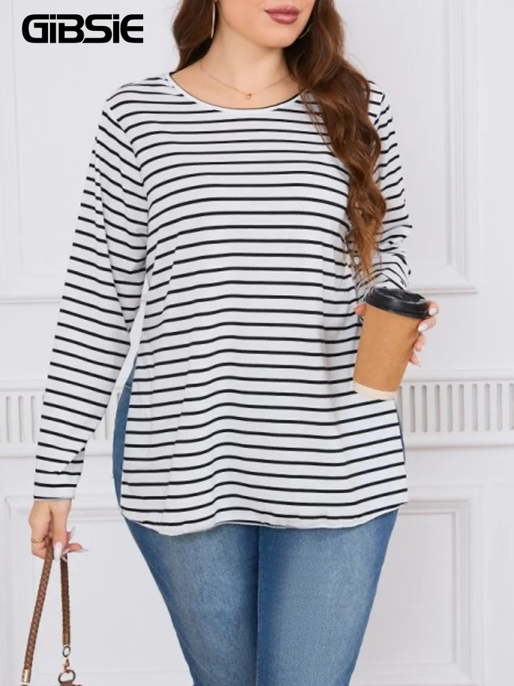 GIBSIE Plus Size Striped Split Long T Shirt Women 2024 Spring Fall Korean Fashion Long Sleeve O-Neck Casual T-Shirt Tops Female