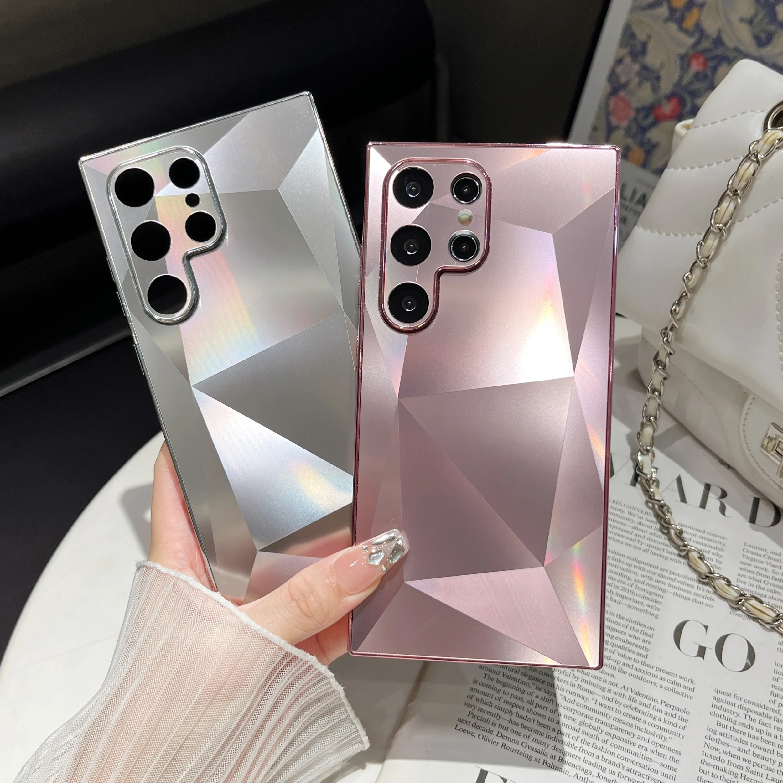 Luxury Plating 3D Diamond Pattern Matte Skin Touch Case for Samsung Galaxy S22 S23 S24 Ultra Shockproof TPU+PC Cover S24 Plus