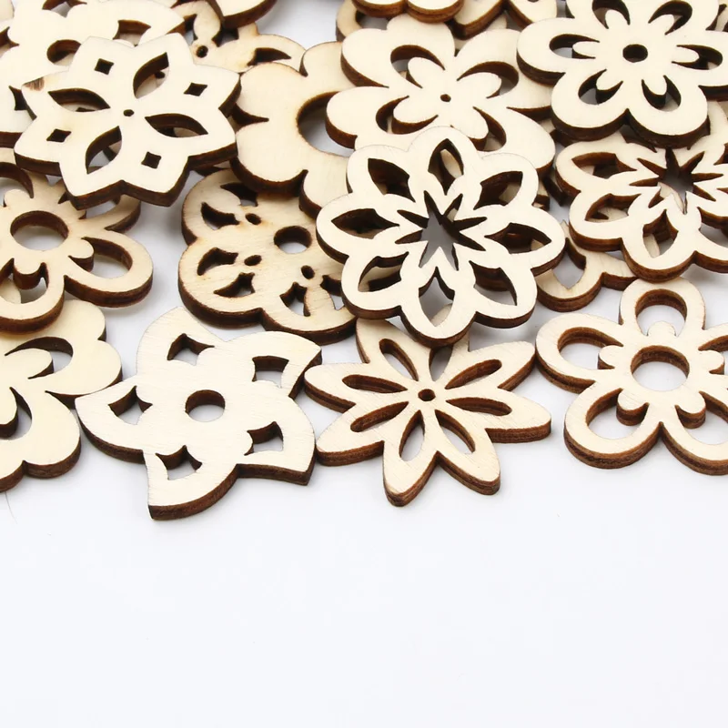 20pcs Wooden Embellishments Flower Shape Cutouts DIY Scrapbooking Crafts Wooden Discs Wood Slice Ornament Home Decoration