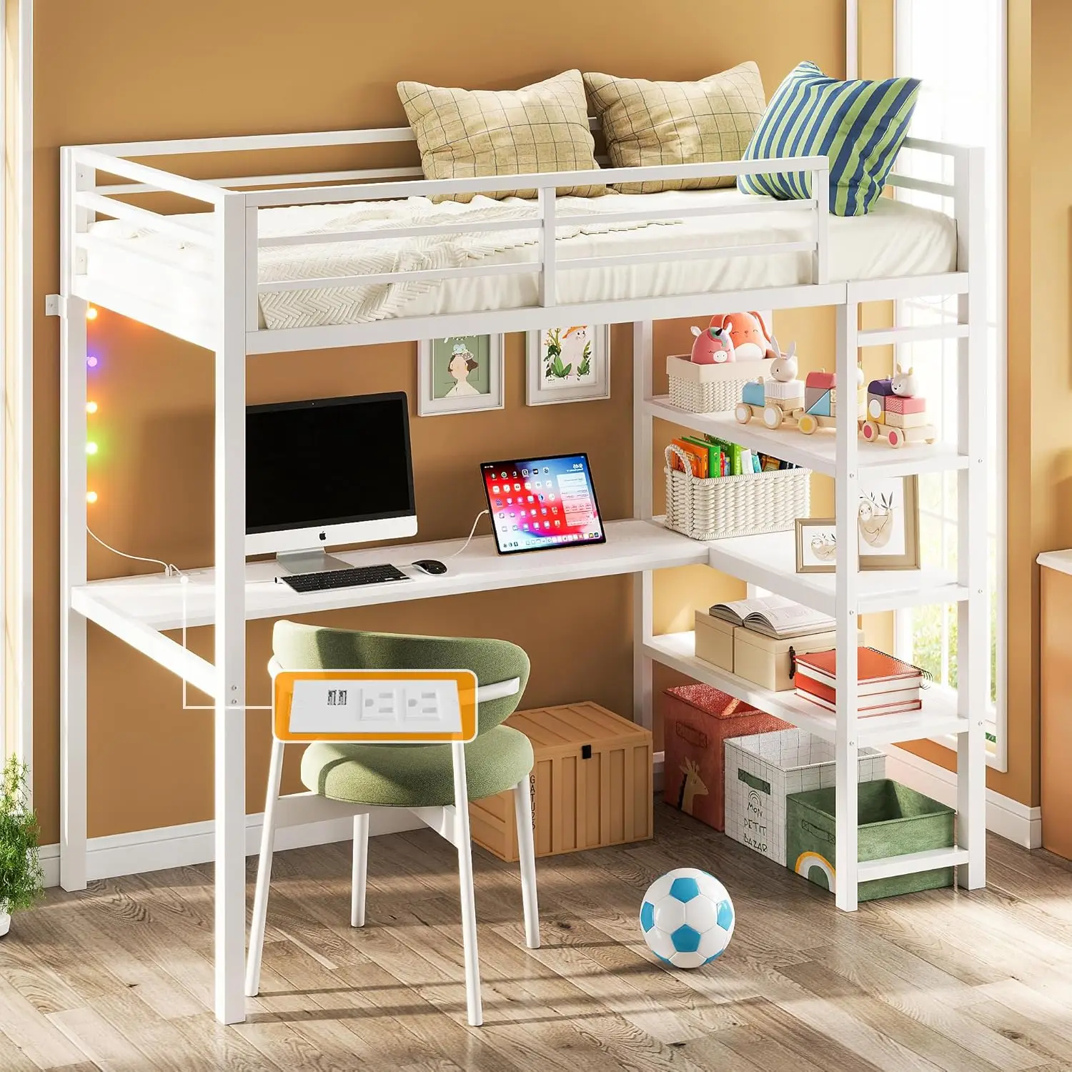 Anctor Loft Bed Twin Size With L Shaped Desk And Shelves, Heavy Duty Metal Loft Bed Frame With Power Outlet And Led Lighted,