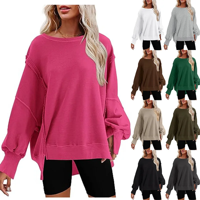Women's Oversized round Neck Long Sleeve Sweatshirt Spring Autumn Fashion Casual Side Slit Comfortable Polyester Tracksuit