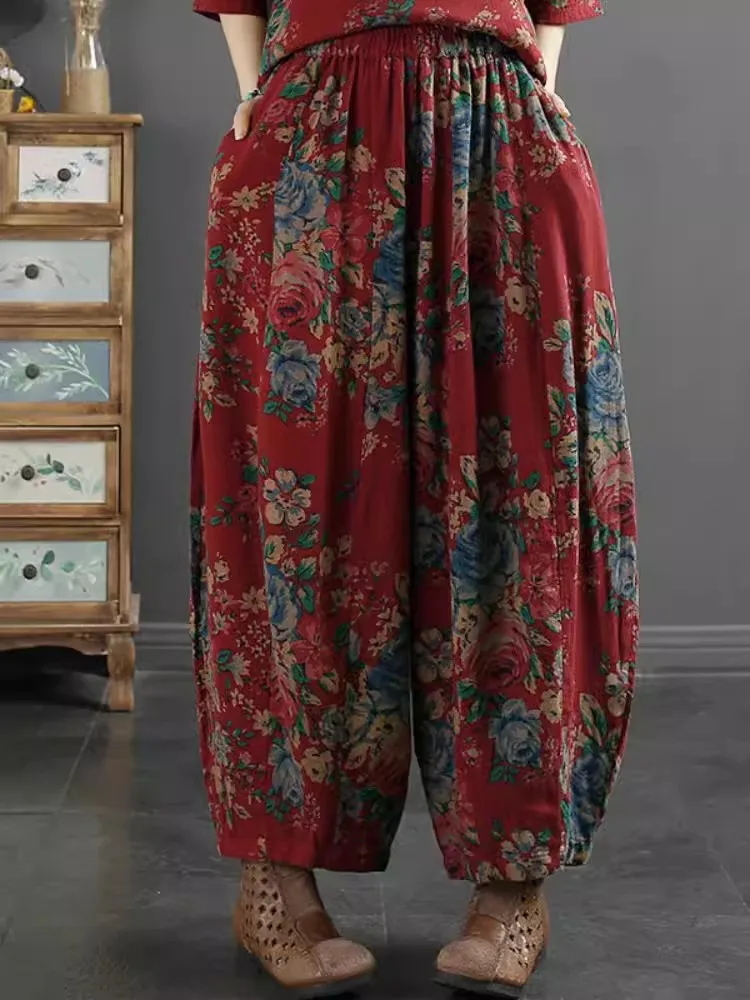 Super Oversized National Style Flower Cloth Lantern Pants 2024 New Autumn Elastic Waist Cotton Wide Leg Pants Loose Harem Pants