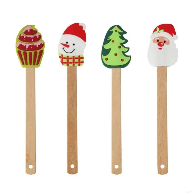 F19B Xmas Cake Spatula with Comfortable Wooden Handle Snowmen Santa Tree Pancake Spatula Durable Baking Gift
