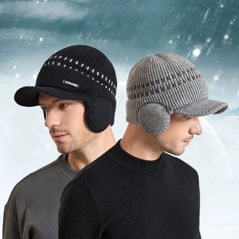 Men's Knitted Baseball Hat with Earflap Insulation Warm Plush Lined Skullies Beanies British Style Riding Ear protection Hats