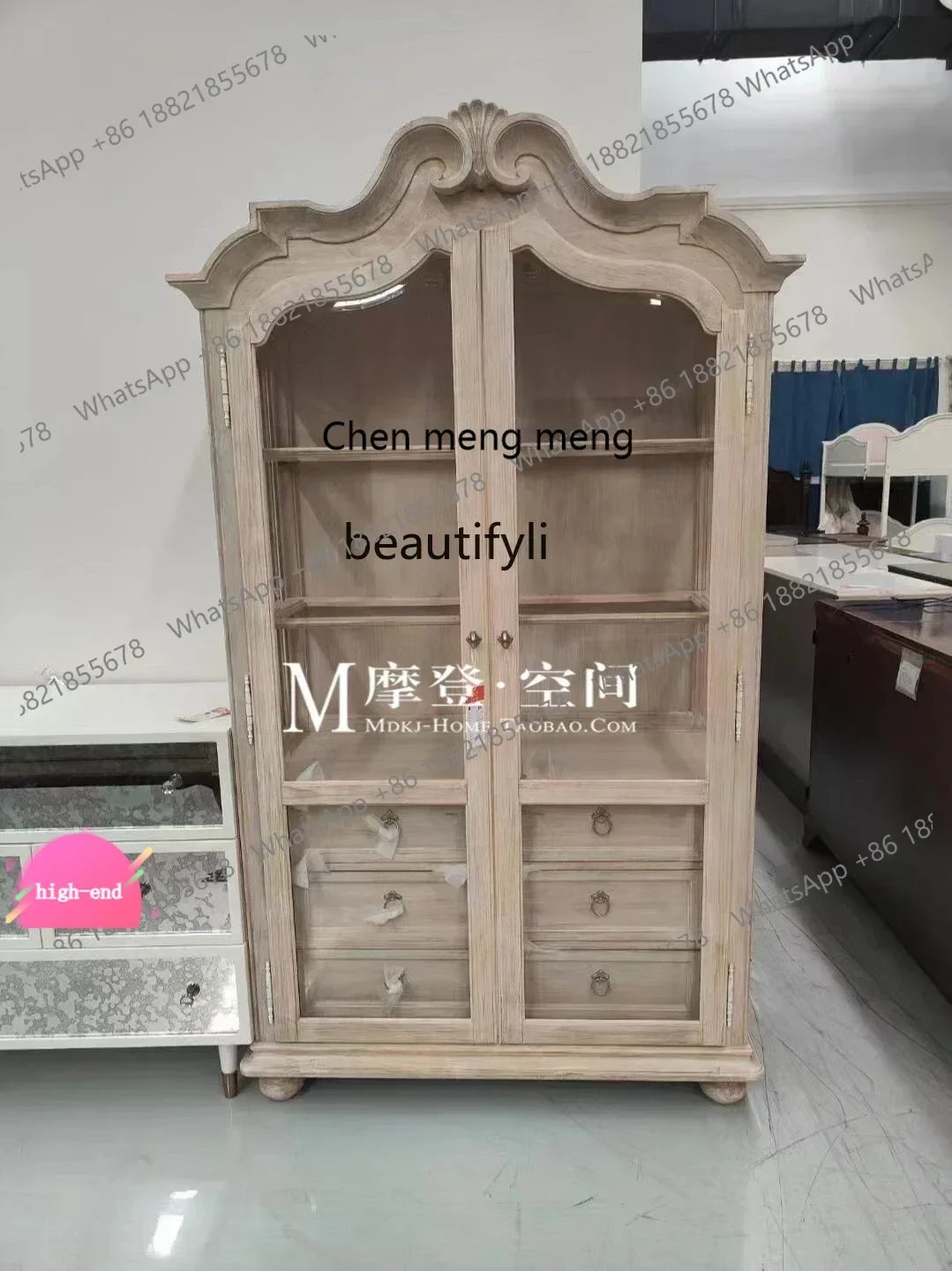 

merican style, solid wood bookcase display, neoclassical wine cabinet with old carved dining edge, porcelain cabinet AB