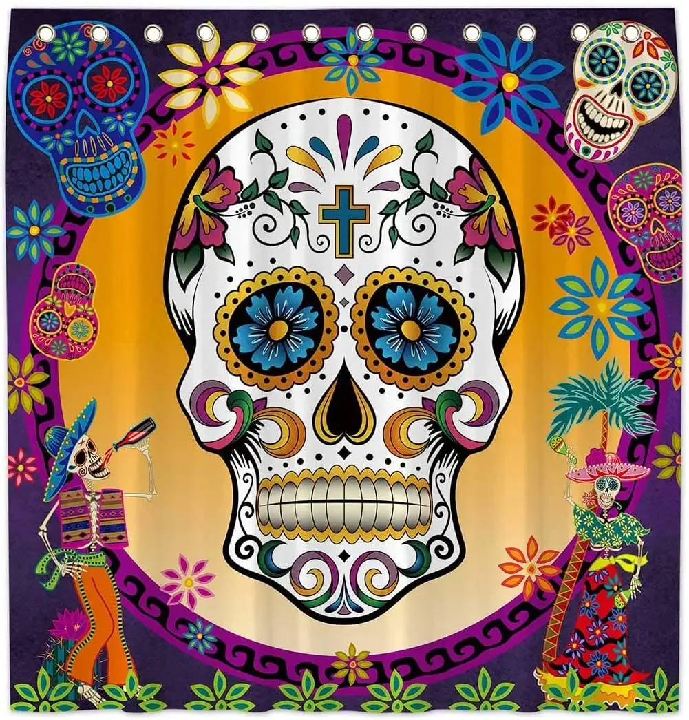 Sugar Skull Day of The Dead Shower Curtain Mexican Fiesta Home Bath Decor