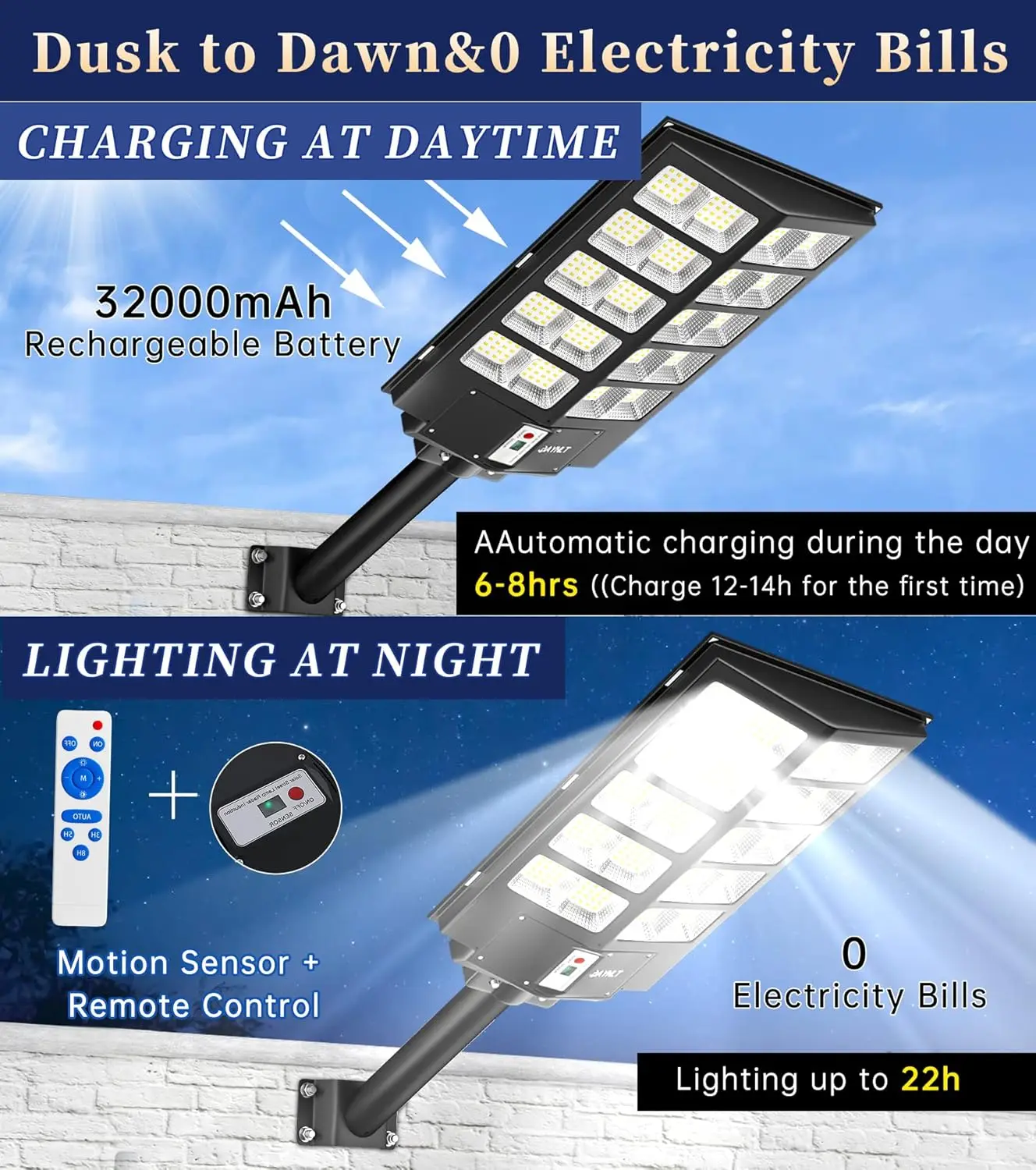 Solar Street Lights Outdoor,Commercial Parking Lot Lights Dusk to Dawn,Waterproof Solar Security with Motion Sensor and Remote