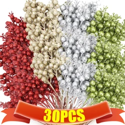1/30pcs Christmas Artificial Gold Powder Berries Holly Berries Branches DIY Xmas Wreath Tree Ornament Home Table Vase Decoration