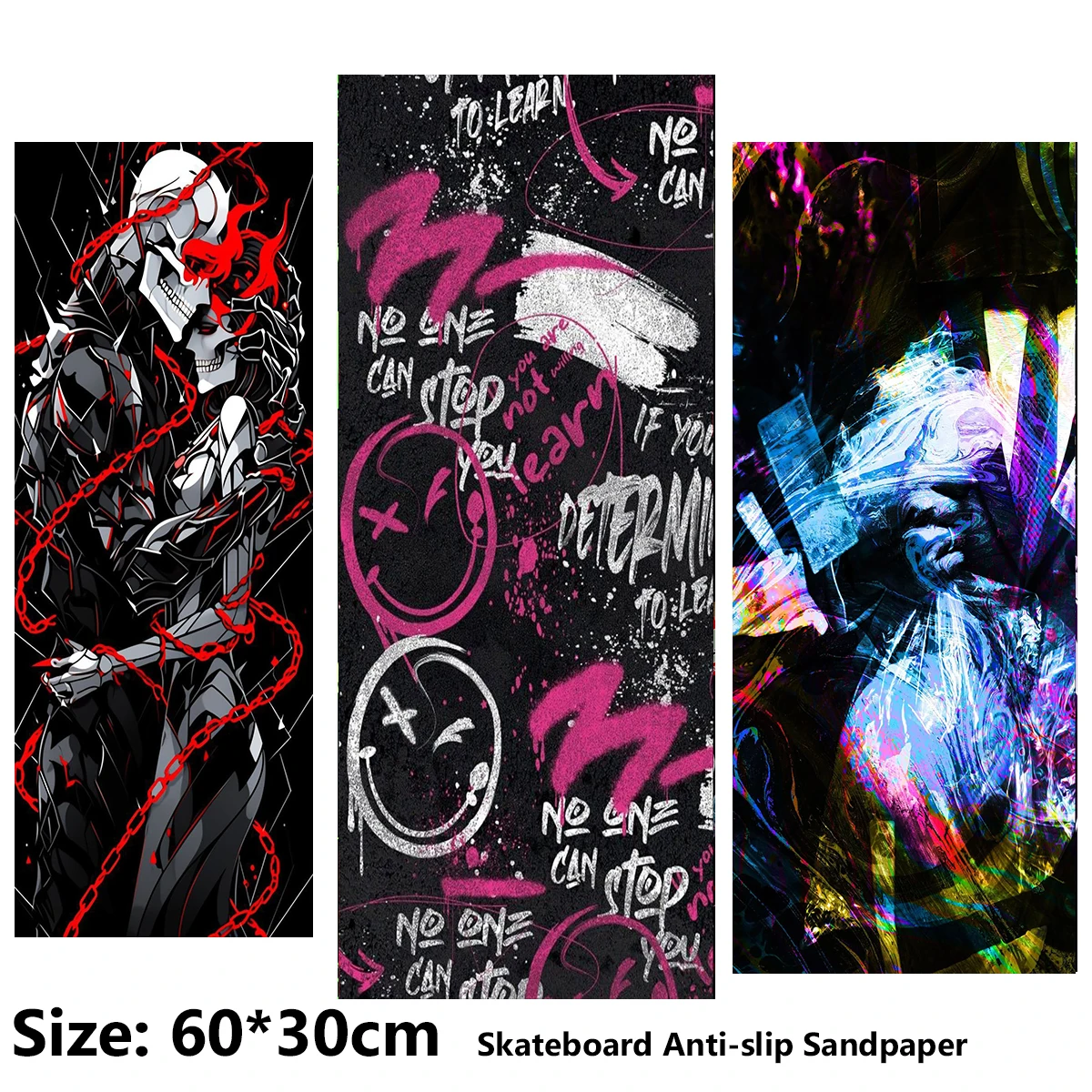 Electric Scooter Anti-slip Sticker Sandpaper Skateboard GripTape Sheet 60*30cm Doodle Smiley Face Skeleton Pattern