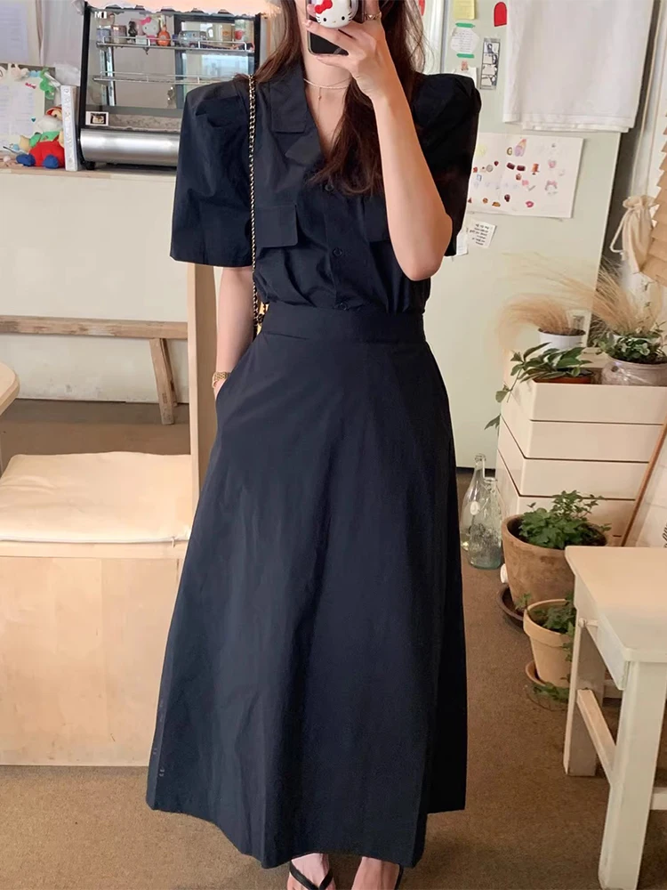 Liangliang retro terno colarinho plissado ort sve irt feminino verão nova faion cintura alta conjunto de saia evasê