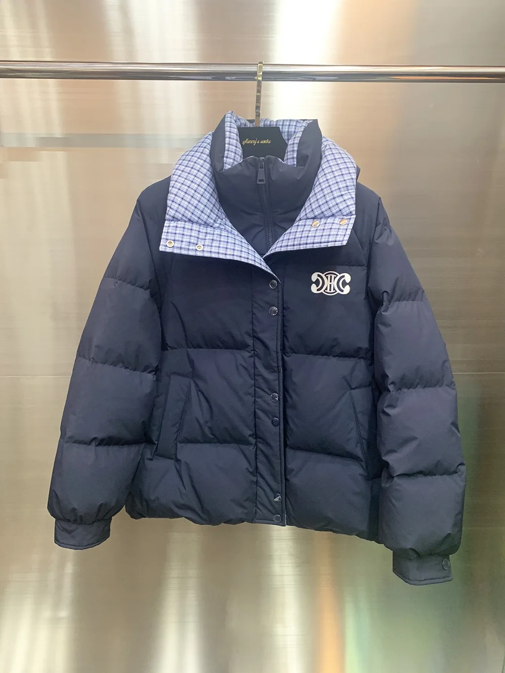 

Thiened Warm Plaid Inner Match Double Layer Collar Color Blo All-Match down Jaet Pure Color Stand Collar Winter New 2025