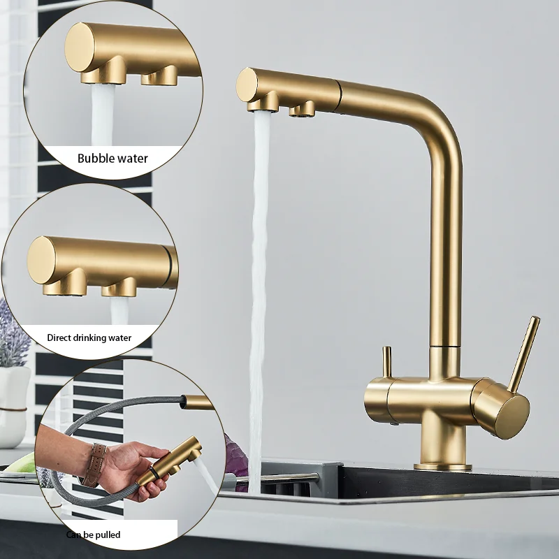 Brushed Gold Kitchen Pull-Out Hot and Cold Mixed Faucet Dual Function Flushing Kitchen Sink Triple Function 360° Rotating Faucet