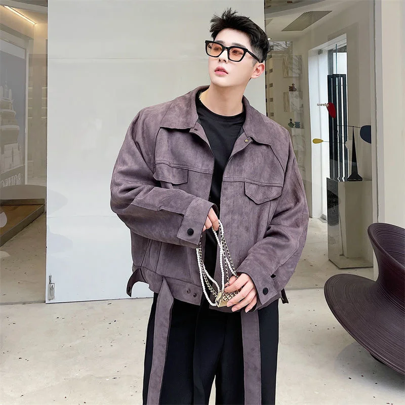 Design Korean Short Style Coat For Men Hem Ribbon Design Suede Black Grey Oversized Jjacket 2022 New Spring Winter 2Y2721