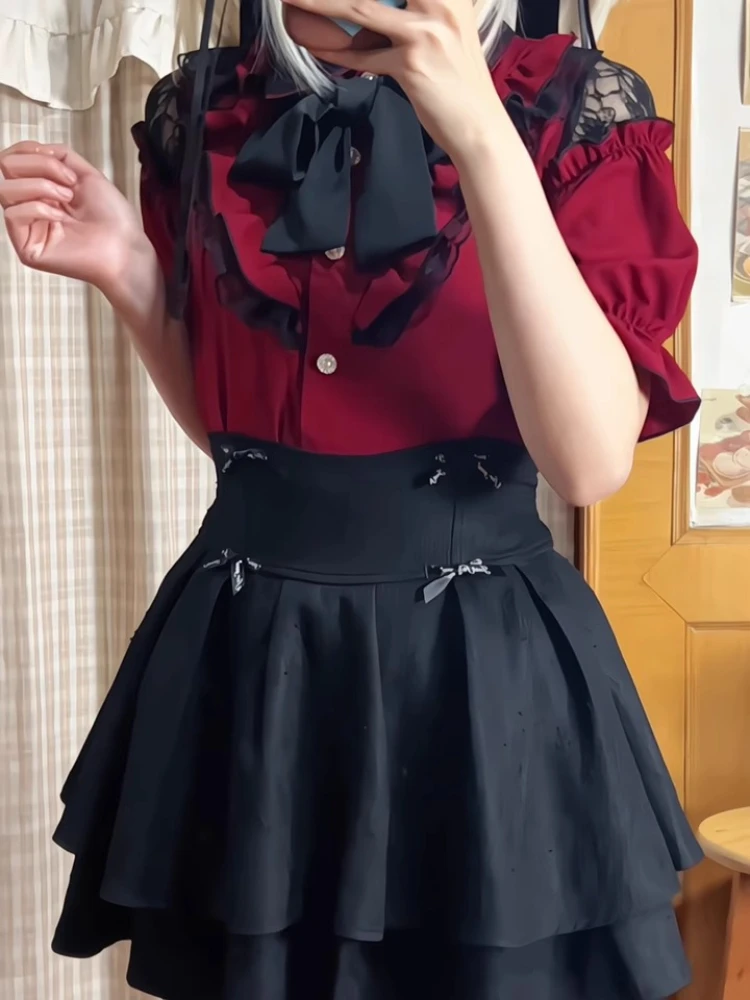 Japanese Mine Style Mass-produced Sweet Versatile Lolita Short Skirt High Waist Bow Double-layer Striped Mini Skirt Women Summer