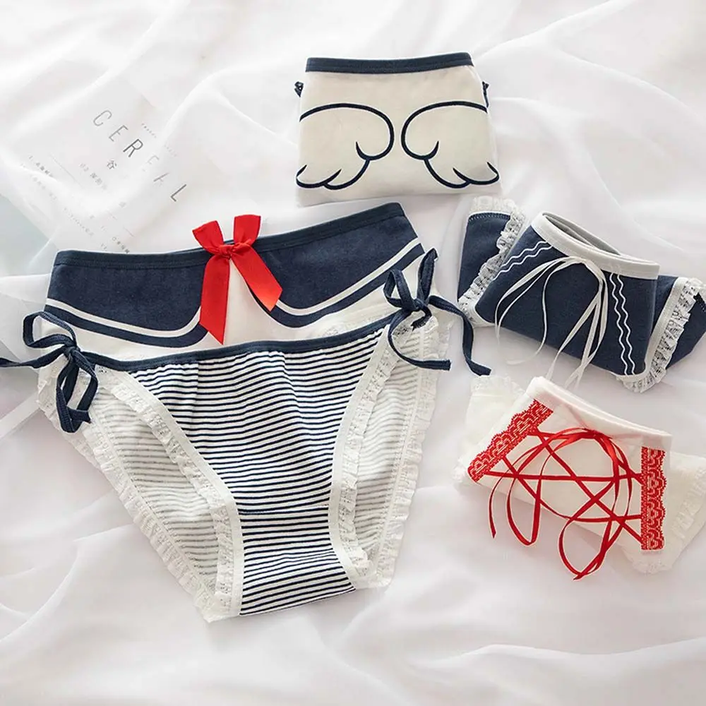 Elastic Breathable Mid Waist Bowknot Ribbon Lace College Style Panties Cotton Women Briefs Underwear