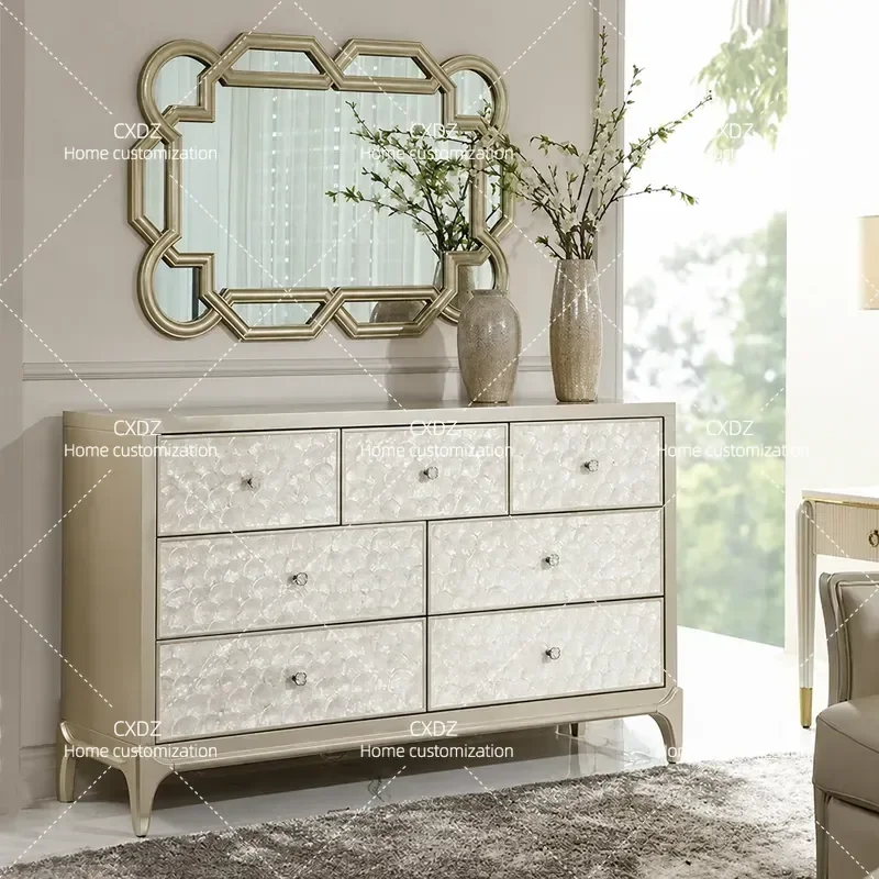 Light Luxury 7 Drawer Dresser with High End Shell Finish Integrated Side Cabinet Solid Wood Storage Chest for Bedroom Living