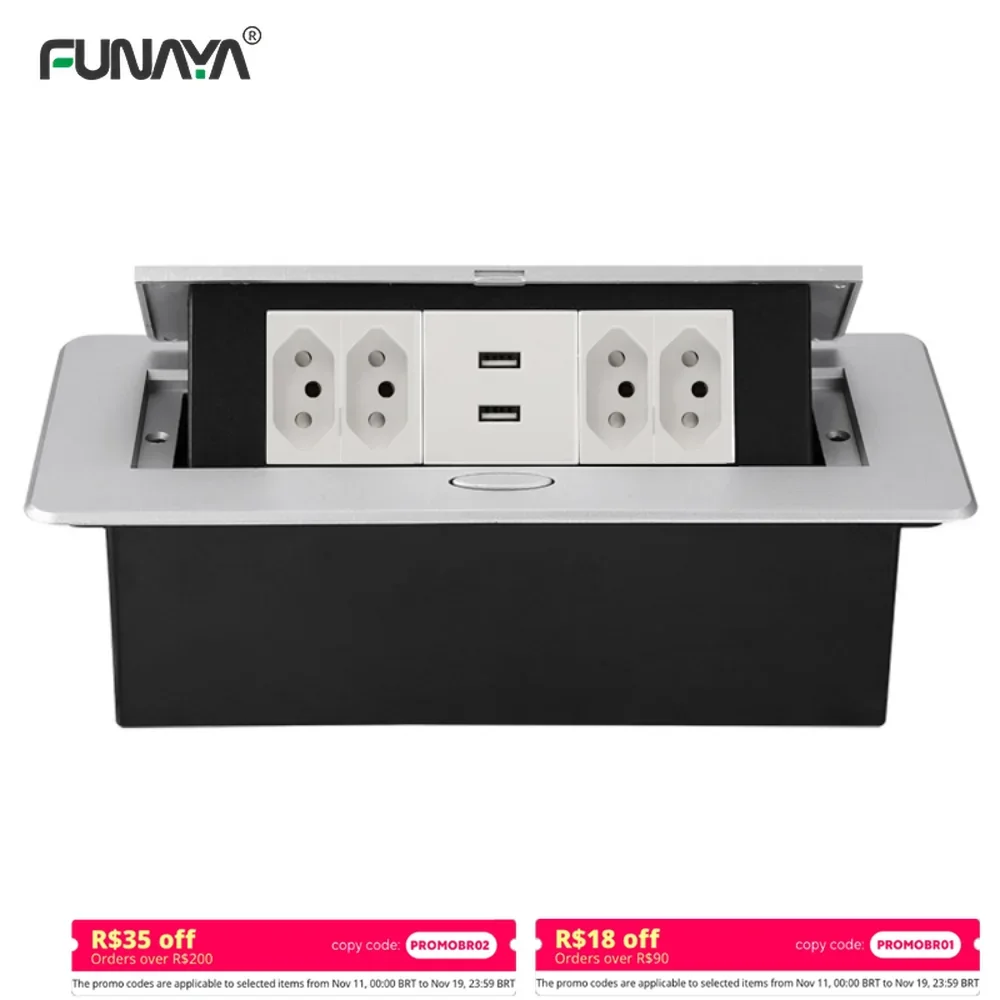 

Brazil Table Pop Up Sockets 16A 4 Outlets 2 USB 2.1A AC 50~440V Switzerland Alloy Black Electric Built In Hidden Power Socket