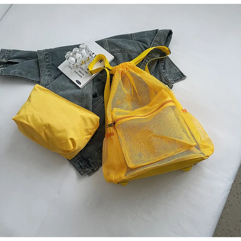 

Sweet Korean Style Drawstring Backpack Hollow Portable Nylon Backpack Solid Color Large Capacity Mesh Beach Bag Women