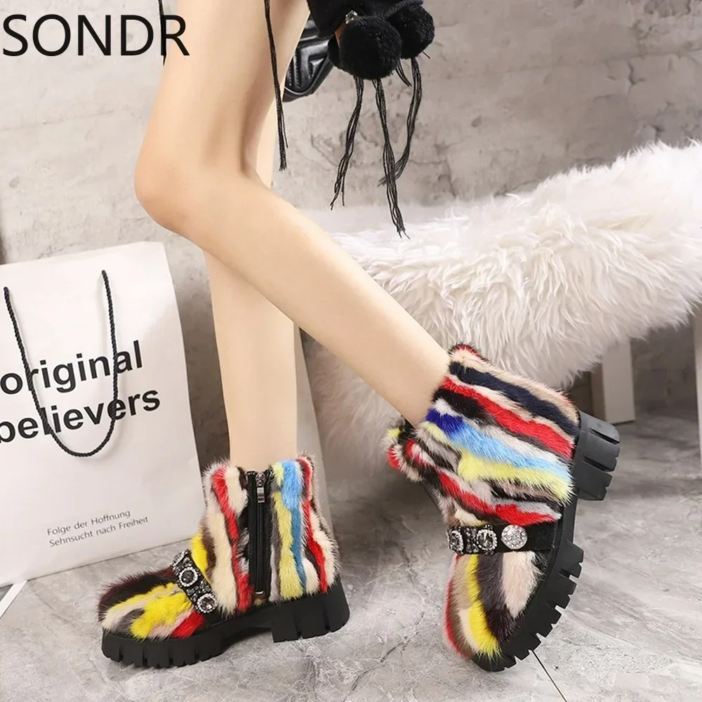 Womens Real Mink Fur Ankle Boots Rhinestones Crystal Chain Shoes Warm Winter Snow Thick Rainbow Colors New 2024