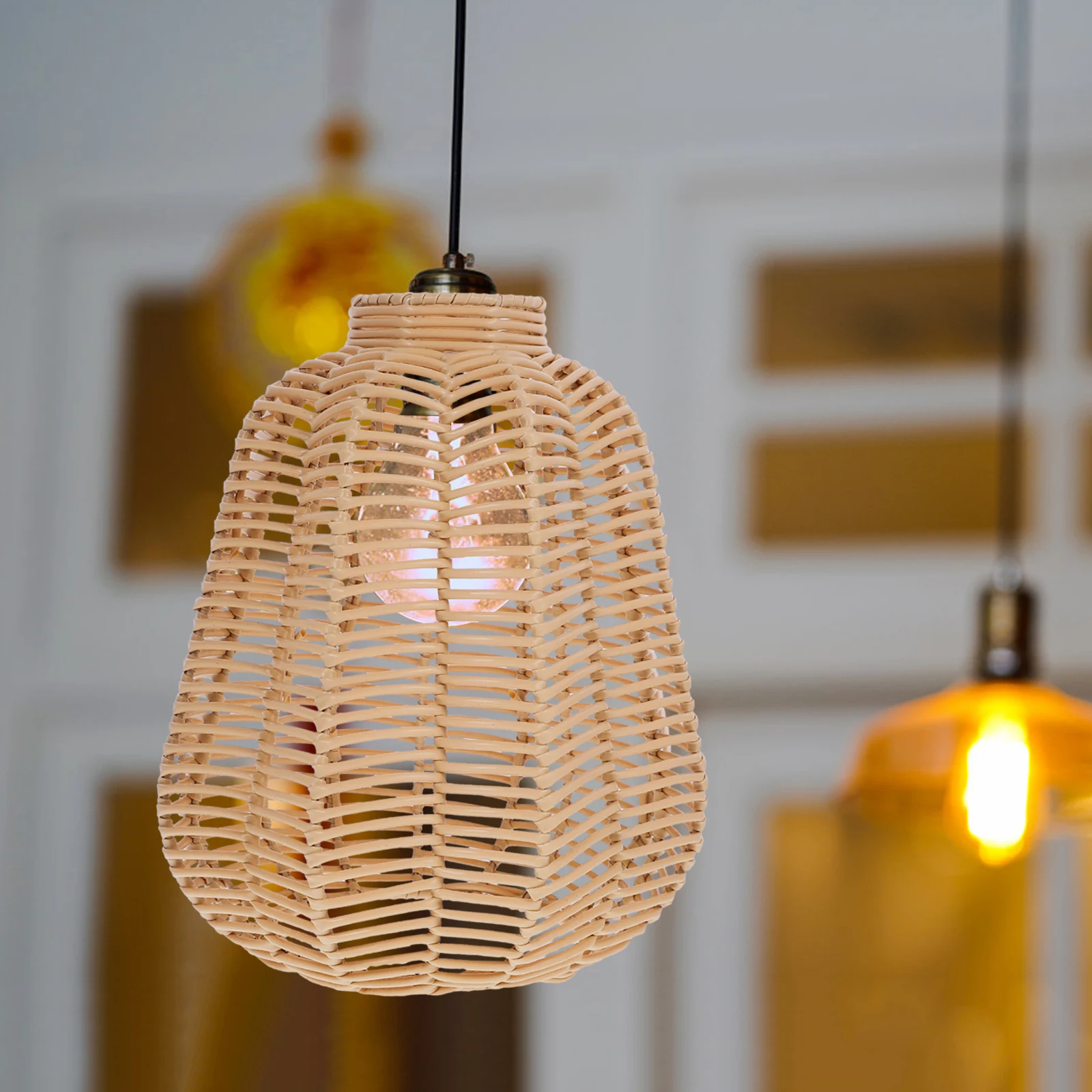 

Rattan Lampshade 8 5cm Top 15cm Bottom E27 Boho Woven Shade for Hanging Ceiling Light Covers Plastic Long Retro