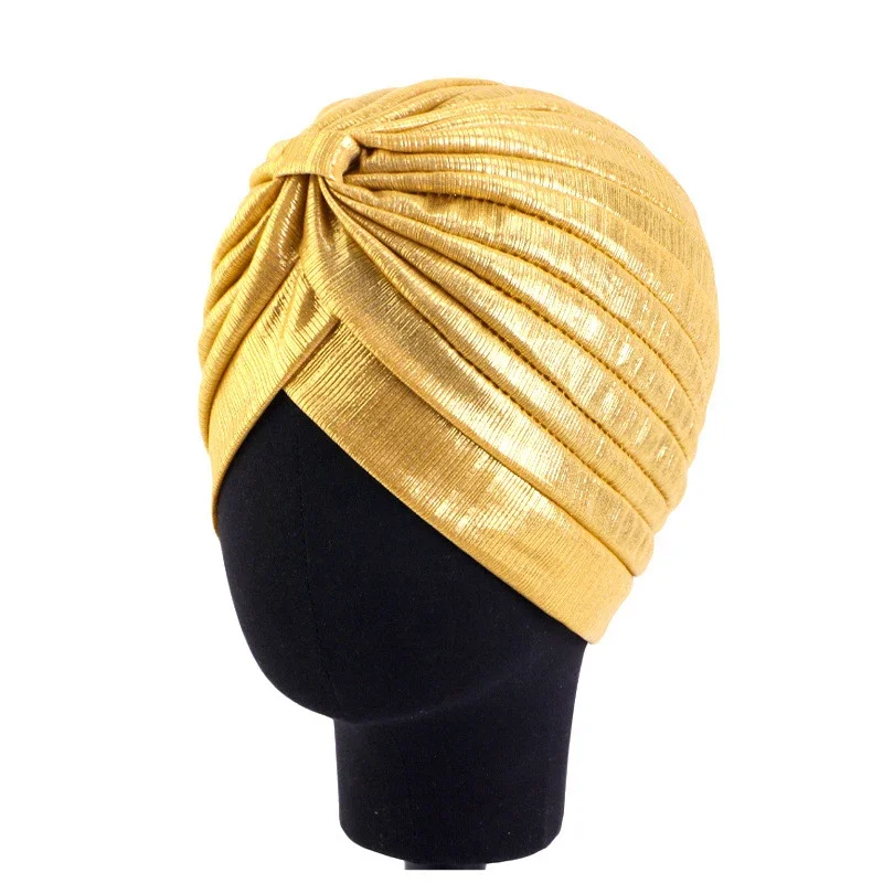 Metallic Turban Head Wrap Hat Headband Bandana Cap Gold and Silver Color Hijab Head Wrap Beanie Hat Muslim Chemo Cap Headscarf