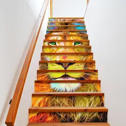 Lion Stair Stickers Watercolor Animal Stair Risers Decals Wildlife Staircase Murals Stickers for Home Steps Decor Self-Adhesive