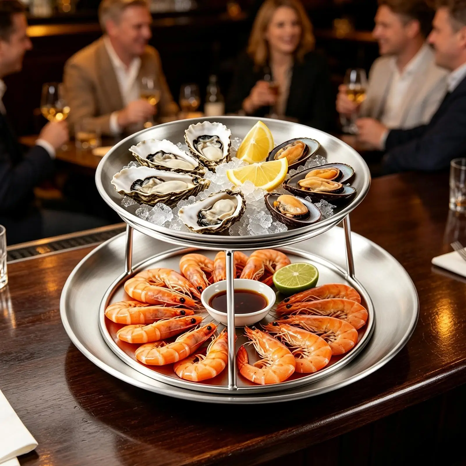 Double Layer Seafood Tower Serving Tray with Metal Stand Chilled Ice Display Platter 787 Inch and 984 Inch Round Plates Use