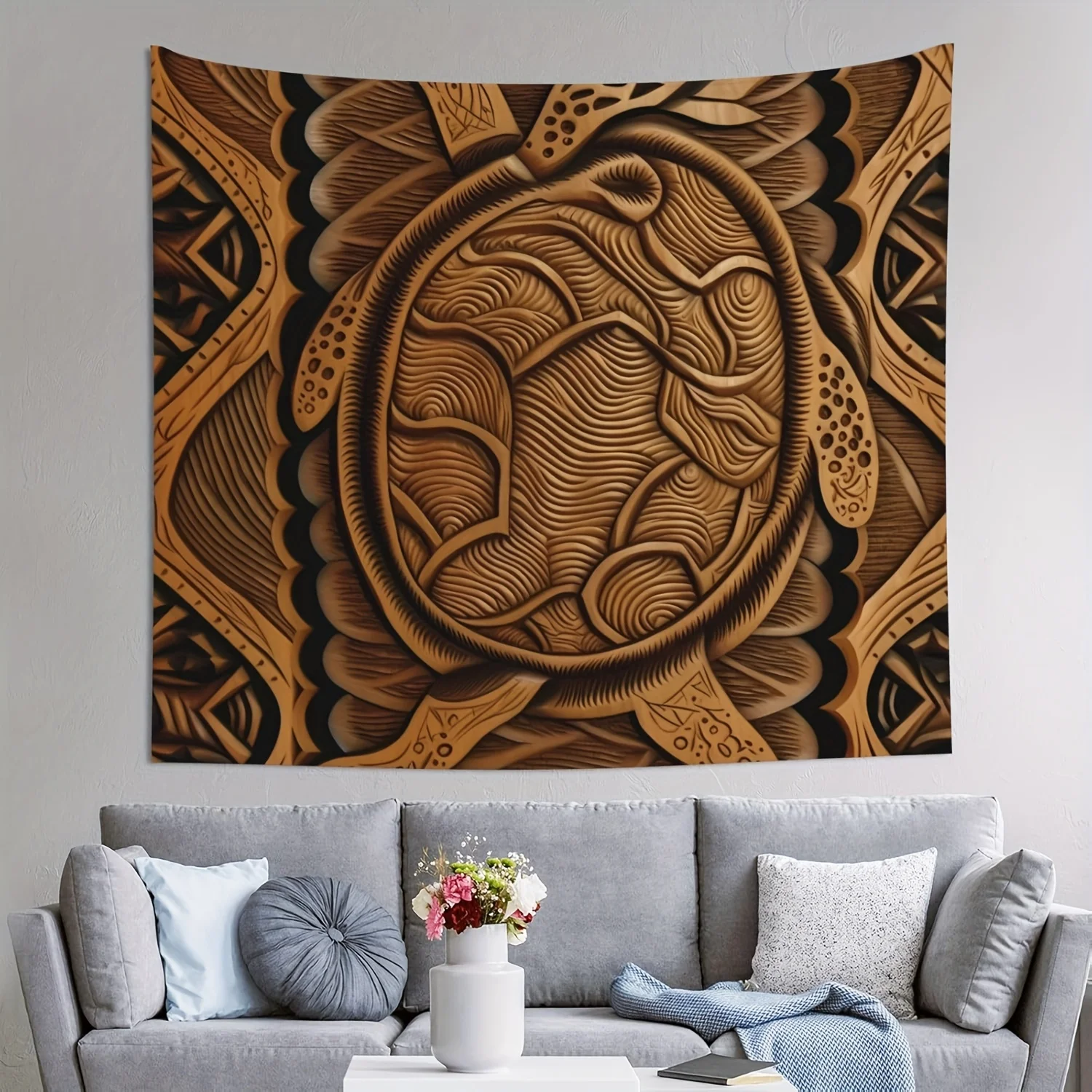 Intricate Wood Carving Tapestry - Traditional Tribal Design Wall Hanging for Living Room, Bedroom Decor - Cultural