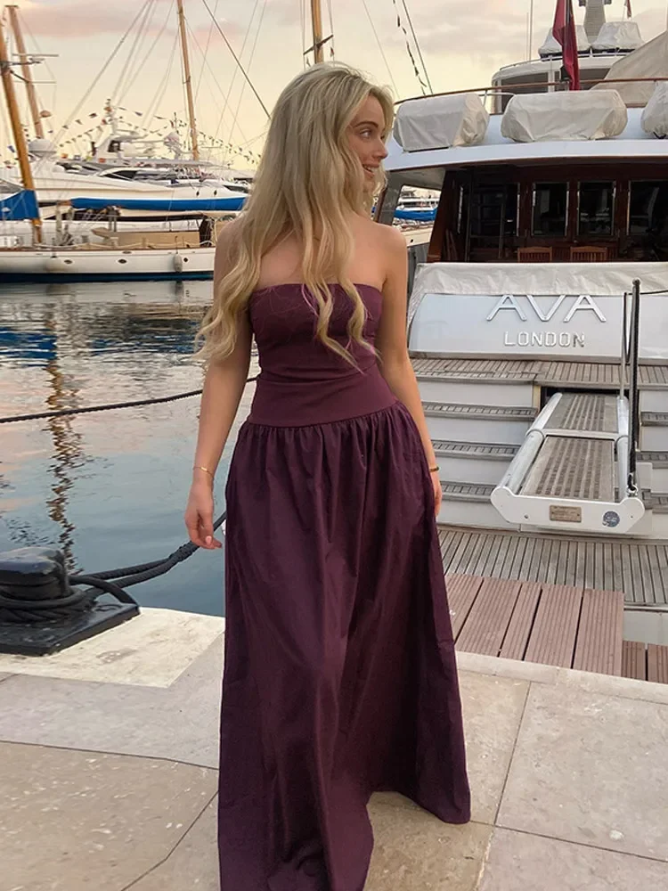 Mulheres elegantes sólido sem mangas fora do ombro maxi vestido sexy sem costas cintura alta vestidos plissados chique senhora clube festa robes