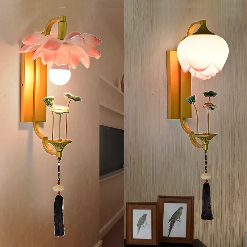 New Chinese Lotus Creative Wall Lamp Human Radar Sensing Sound and Light Control LED Art Wall Light Bedroom Living Room Sconces