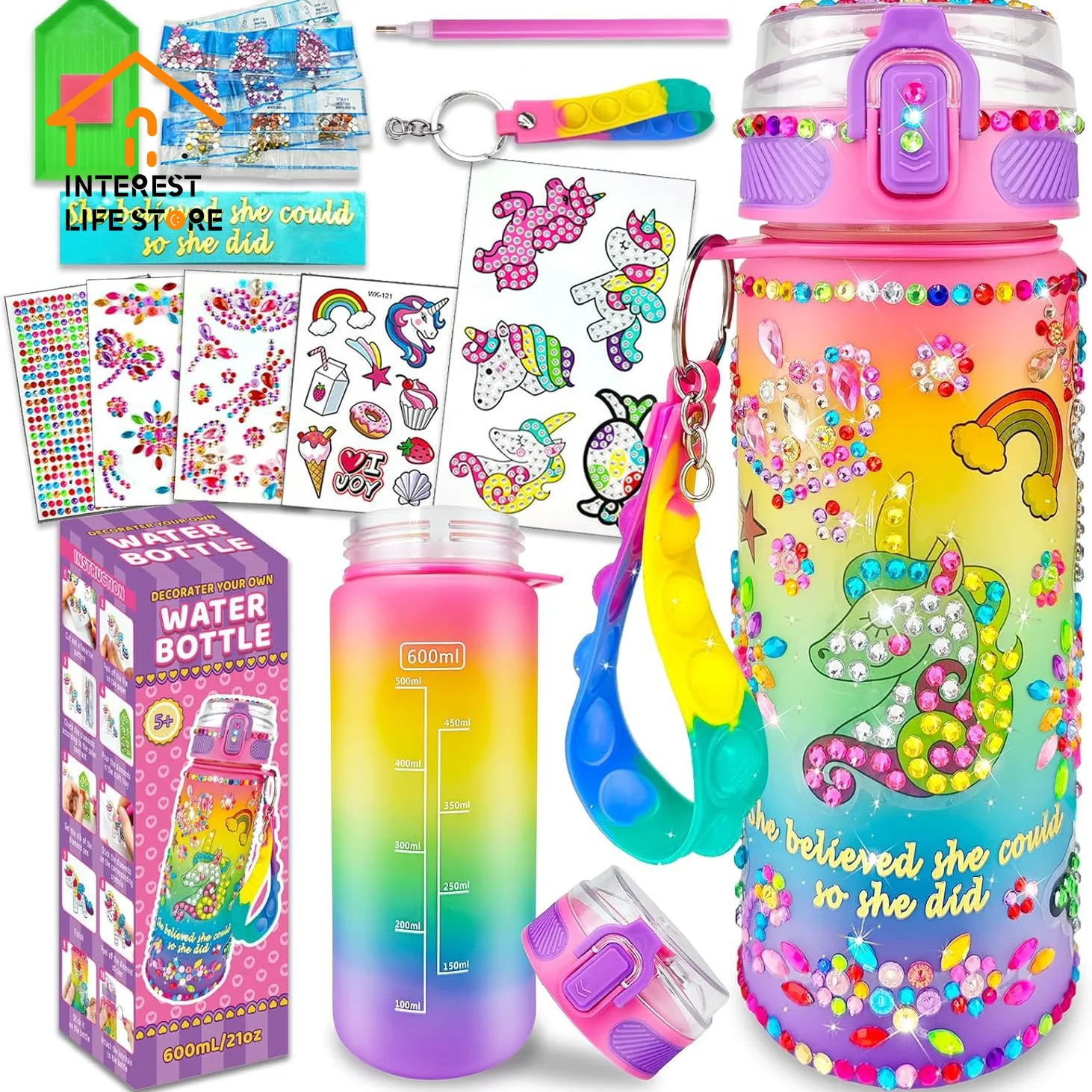 

Hot Student Creative DIY Kids Water Bottle Glitter Gem Unicorn Sticker Decoration Girl Daughter Thermos Kettle School Opens Gift