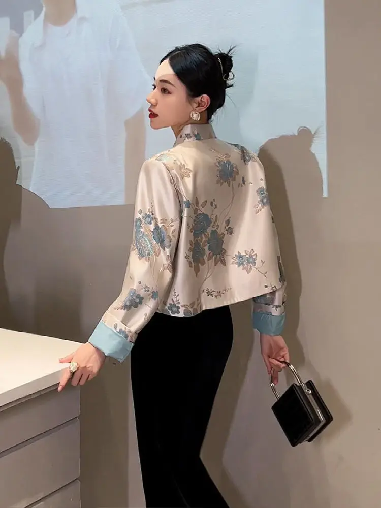 2024 new chinese style blouse chinoiserie fashion embroider matching coat women autumn blue lady casual daily tangsuits shirt