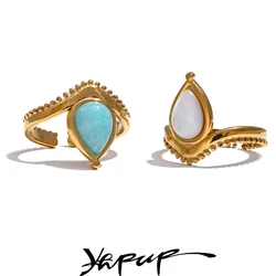 Yhpup Blue White Natural Stone Shell Amazonite France Adjustable Open Ring Stainless Steel Charm Daily Fashion Jewelry Gift