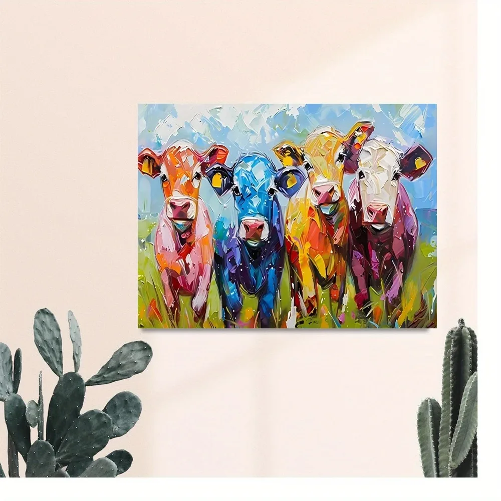 

1.5 "chunky wood pine frame, interior artwork mural, home decor, single piece colorful cow-abstract farm animal wall decor