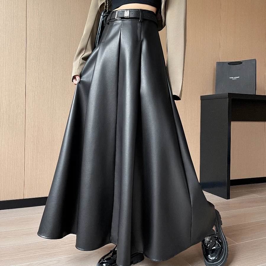 Harajuku Pu Leather Long Skirts Women Korean High Waist Elegant Maxi Skirt With Belt Vintage A-Line Skirts Jupe Femme